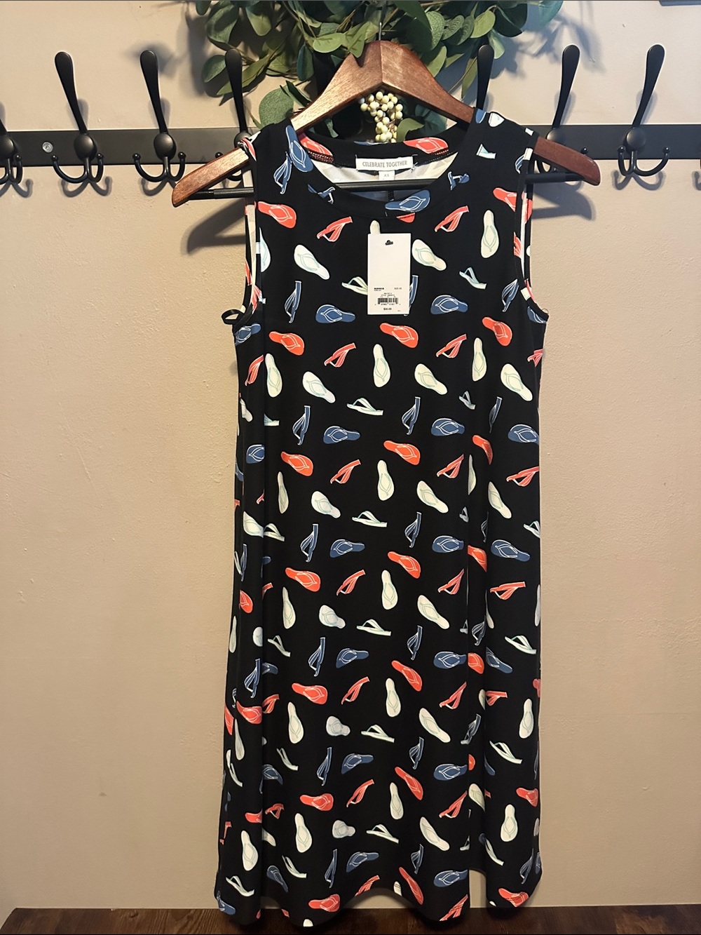 Sleeveless Black Dress with Flip Flop Print